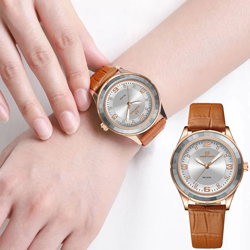 

NAVIFORCE Brand Waterproof Casual Quartz Wristwatch New Eelegant And Charming Woman Watches Leather Strap Reloj Para Mujer 2023