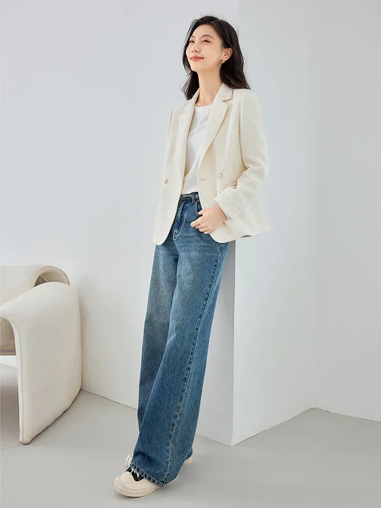 Vimly Apricot Tweed Blazers Spring Jacket Woman 2024 Elegant Outerwear Notched Double Breasted Long Sleeve Female Coat M2921