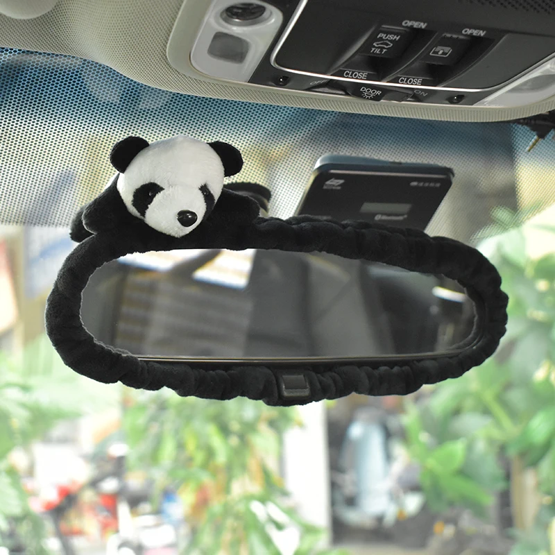 Cute Cartoon Panda Bear Car Interior Mirror Cover Stretch Plush Auto Rearview Mirror Case Decoration Accessories For Women rearview mirror cover carbon fiber mirror cover