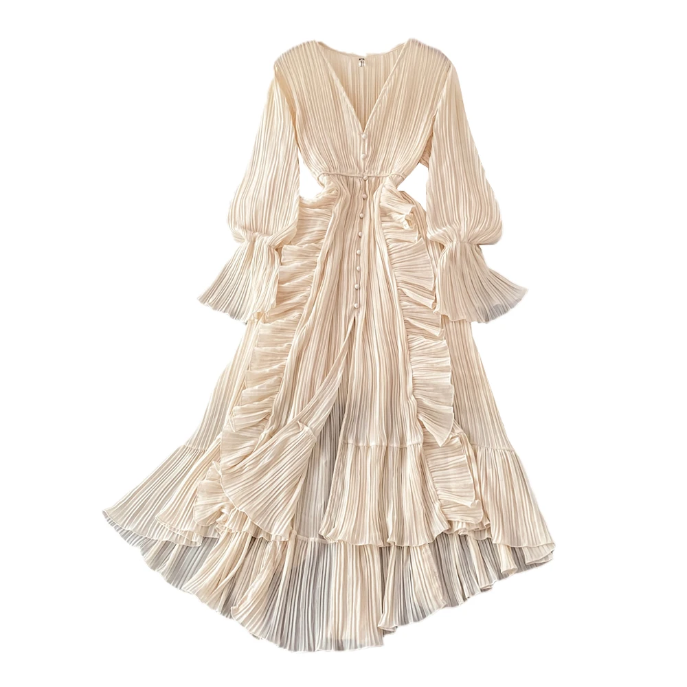 

2022 New Spring Autumn Women V-Neck Long Sleeve Slim Long Dress Sweet Ruffles Irregular Hem Solid Color Pleated Dress