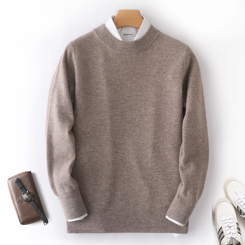 100% Wool Sweater Men's Half High Neck Sweater Fashion Solid Color Pullover Autumn and Winter Long Sleeve