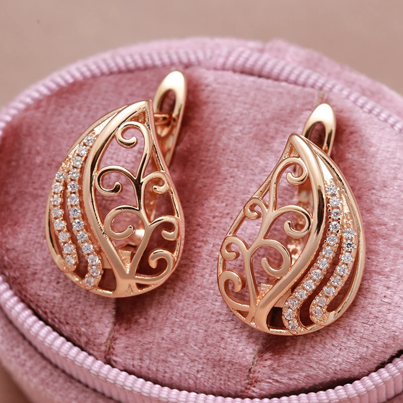 Elegant Drop Earrings Texture Geometric Women's Zircon Earrings 585 Gold Fashion Fine Jewelry