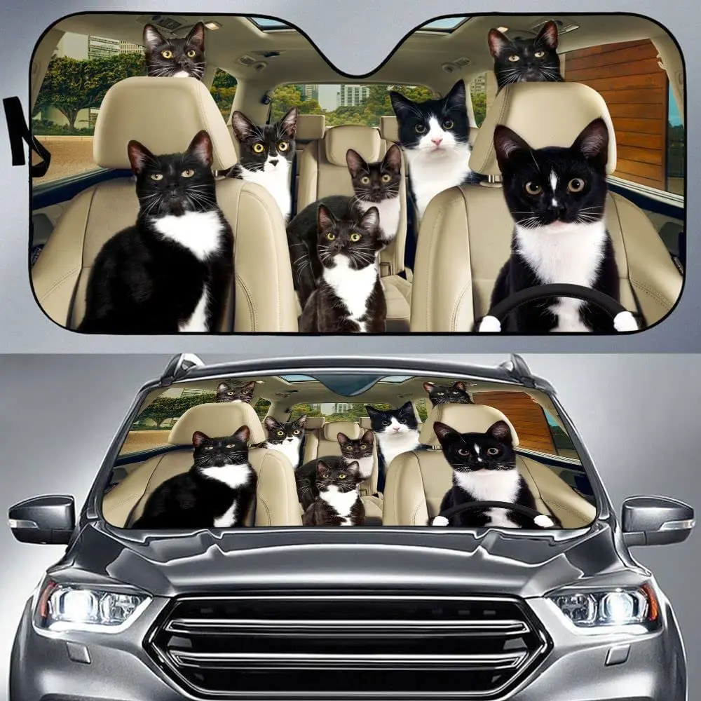 Tuxedo Cat Car Sun Shade, Tuxedo Cat Team Friends Driving Auto Sunshade for Windshield, Tuxedo Cat Lovers Gift, Car Accessories,