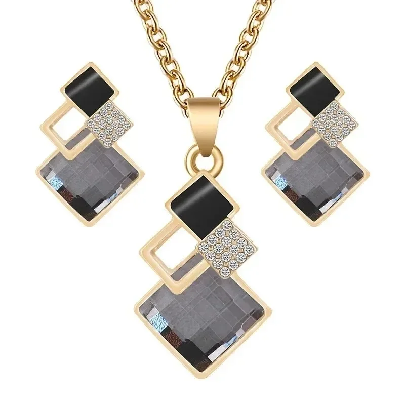 Fashion Creative Decoration Korean Minimalist Square Diamond Inlaid Necklace Earrings Set Collarbone Chain Accessories Gifts
