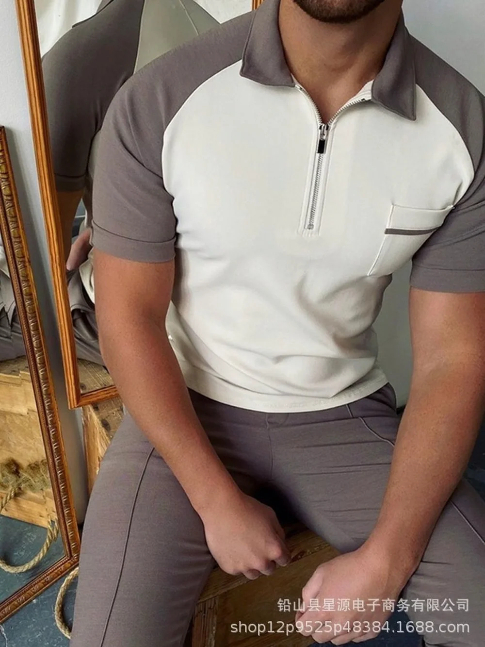

Men's T-Shirt Zip Colorblock Top POLO Shirt