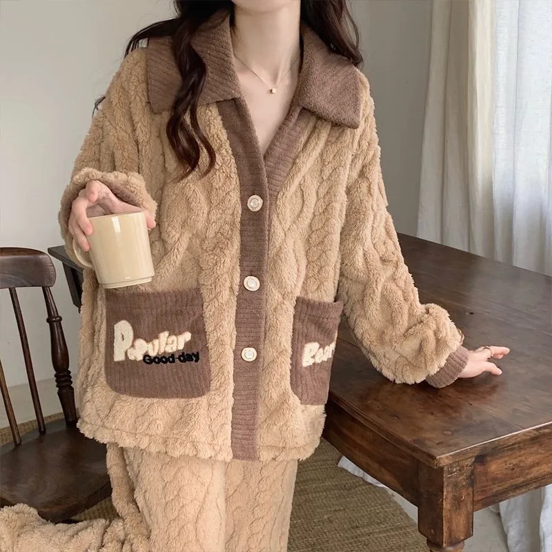 Ladies Coral Fleece Pajamas Women Sleepwear Suit Winter 2024 New Loungewear Famale Thickened Sweet Girls Home Wear Set Pijamas