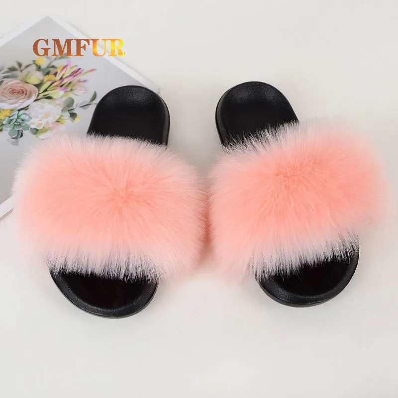 

Summer Women's New Imitation Fox Fur Raccoon Fur Slippers Color Matching Women's Fur Word Orag Sandals Home Fashion Gur Slippers