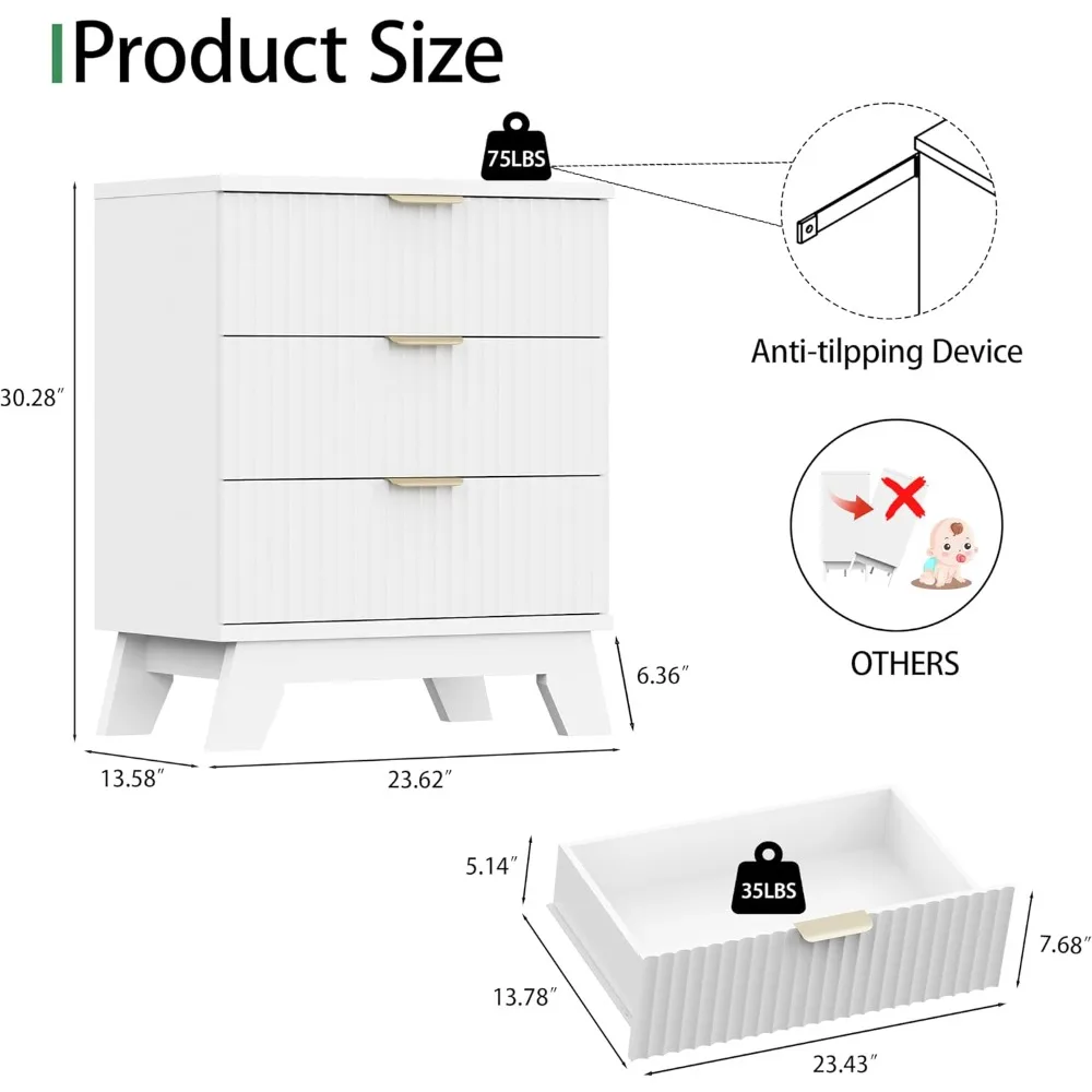 Mid-Century Modern 24" Wide Fluted Side Table with 3 Storage Drawers and Metal Handles