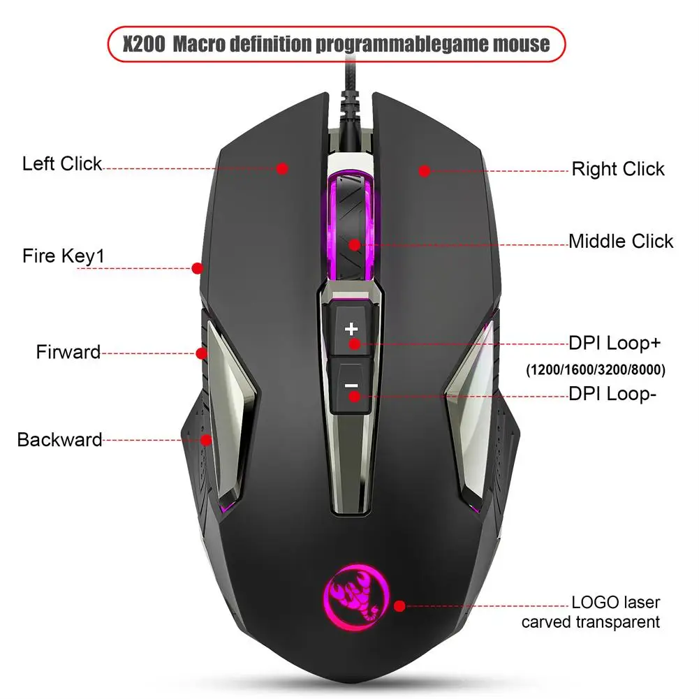 Wired Game Mouse Colorful Luminous 2 Buttons 8000dpi Adjustable 8D Ergonomic Computer Gaming Mouse For MOBA/FPS Games Computer top wireless mouse