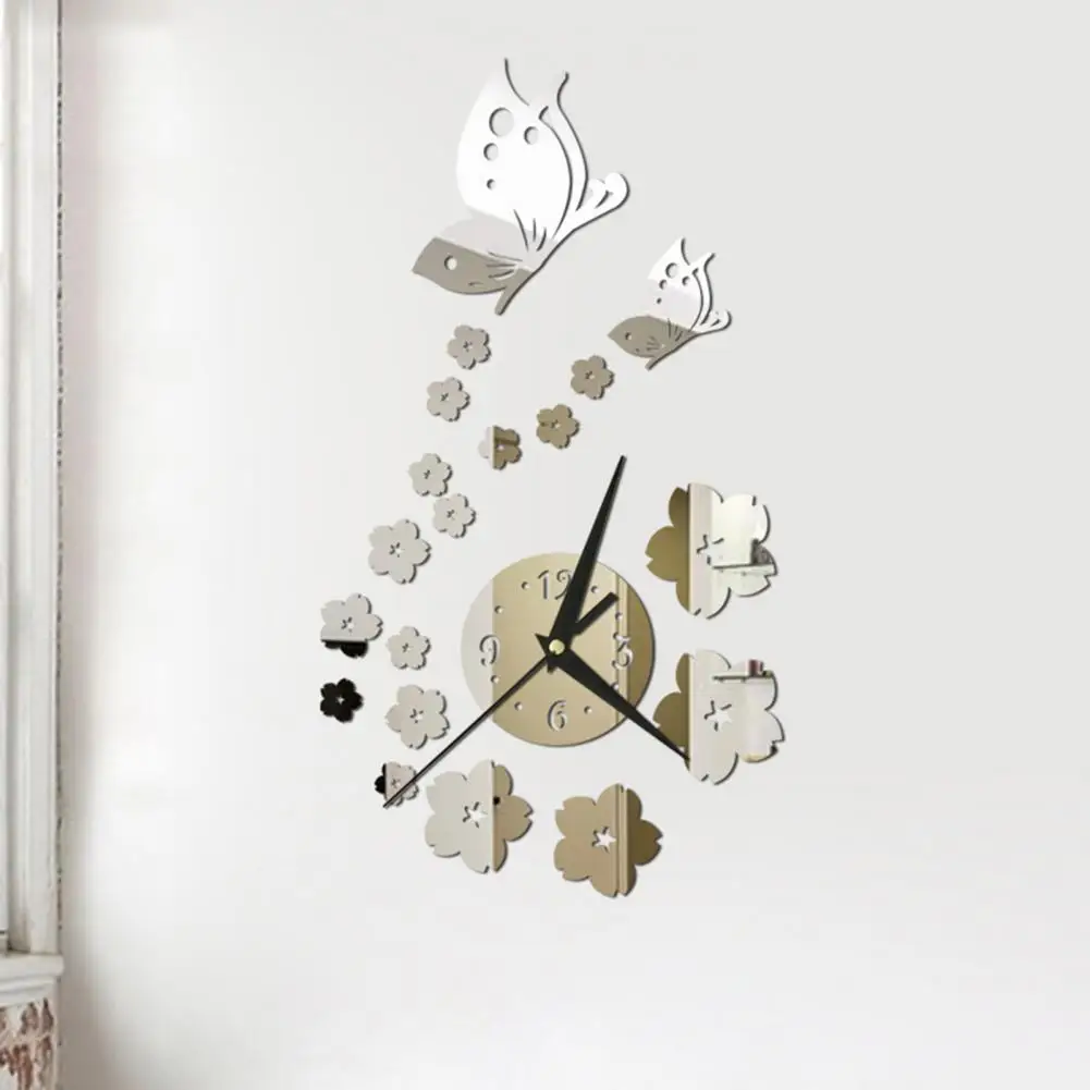 Wall clock self-adhesive battery operated long pointer 4 numbers silent 3D mirror butterfly plum blossom art clock 1 set