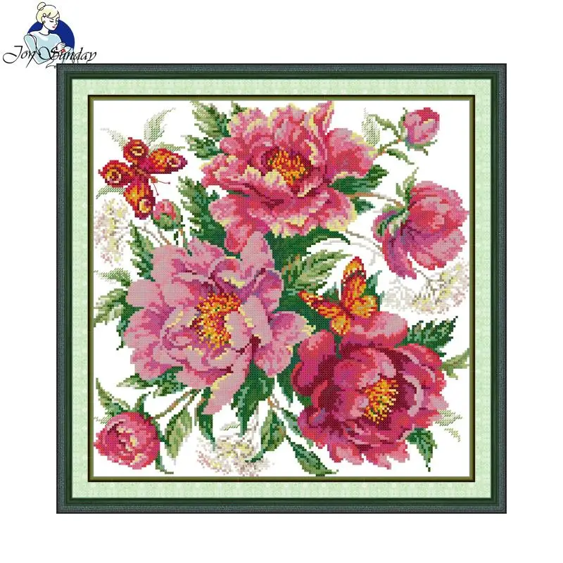 Cross Stitch Kit Joy Sunday Peony Invites Butterflies Pattern HD Pattern Printed Counted Fabric Aida 16/14CT DIY Embroidery Kit