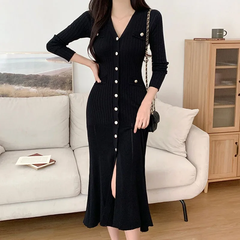 YuooMuoo-Chic-Fashion-Elegant-Single-breasted-Knitted-Long-Dress-2024 ...