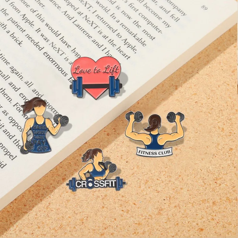 

Sports Fitness Enamel Pins Custom Girls Barbell Vest Line Fitness Club Brooch Lapel Shirt Bag Badge Jewelry Gift for Friend