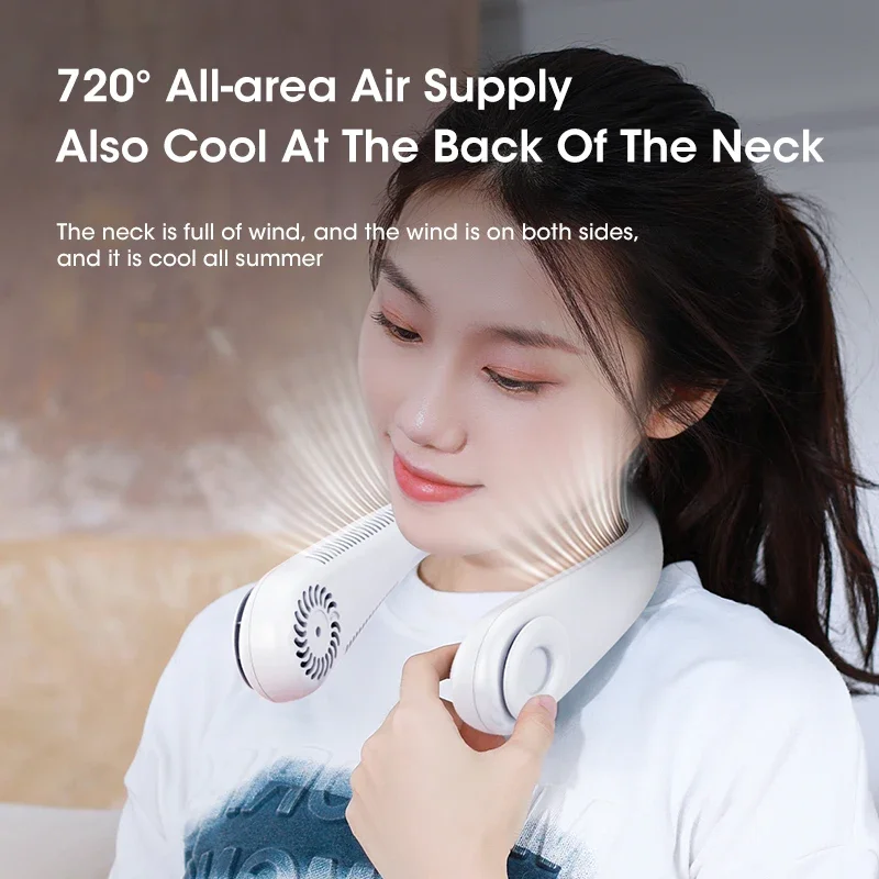 Hands-Free Hanging Neck Fan Leafless USB 6000mAh Rechargeable Quiet Cooling Sweatproof for Outdoor Sports Travel Home Office