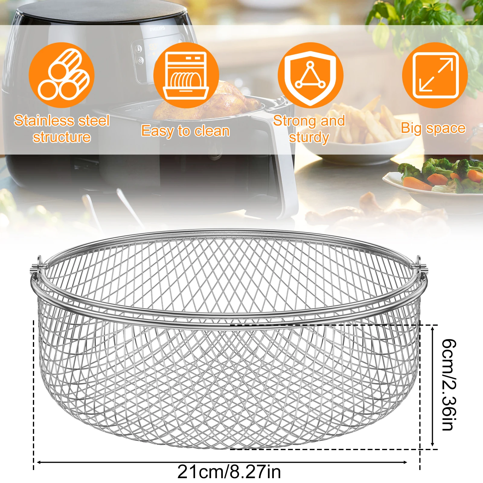 Air Fryer Mesh Basket Stainless Steel Air Fryer Steamer Basket With Handle Metal Crisper For Home Kitchen