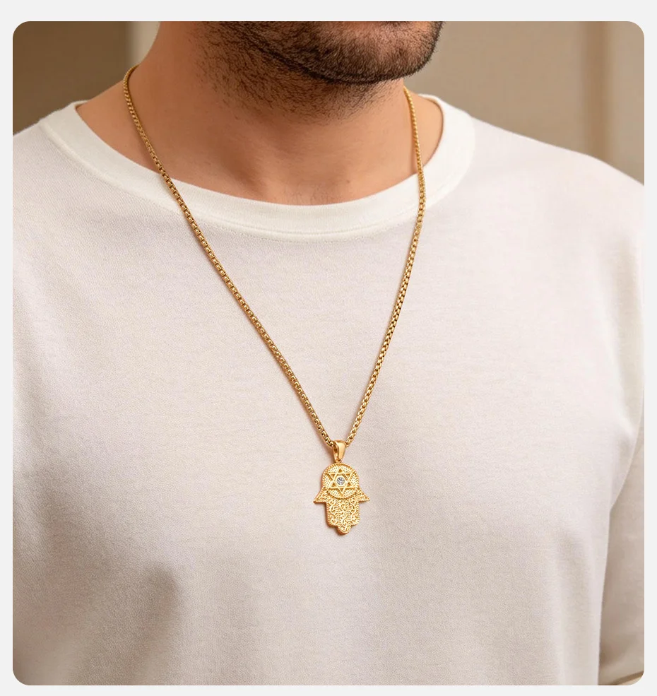 Vnox Zirkon-Halskette mit sechseckigem Sternanhänger, vergoldete Edelstahl-Kastenkette, schützender Amulett-Schmuck für Männer und Frauen – Detail 2