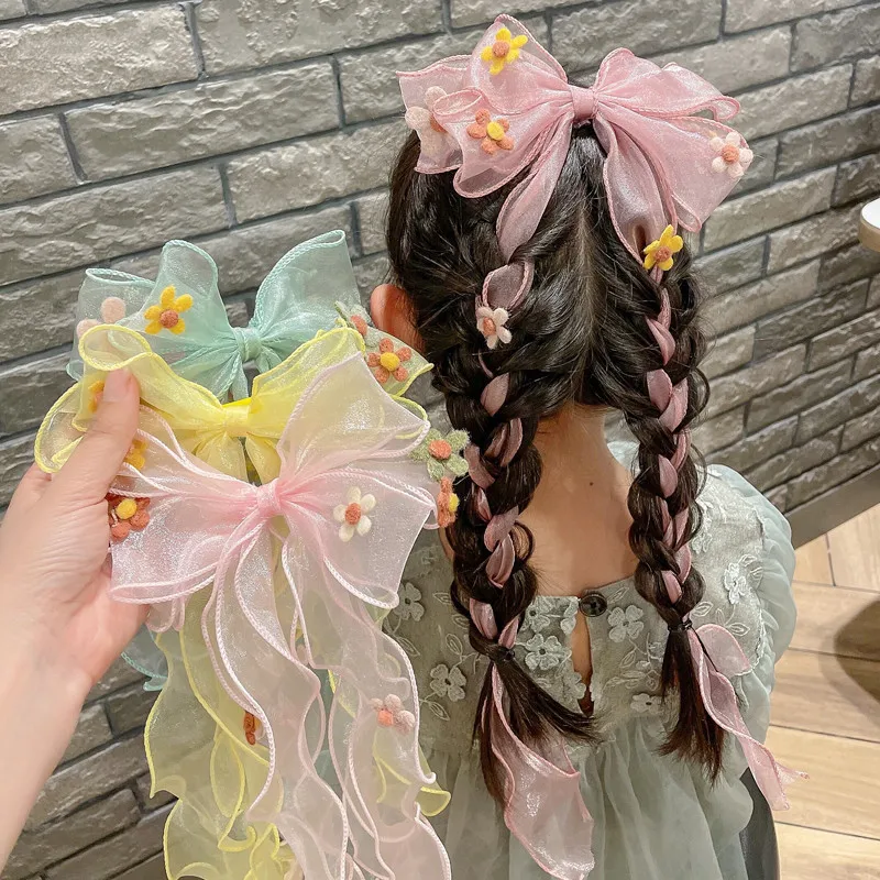 Korean Compilation Princess Bow Hair Clips for Girls Long Bows Flower Hairpin Ribbon  Hair Accessories for Children