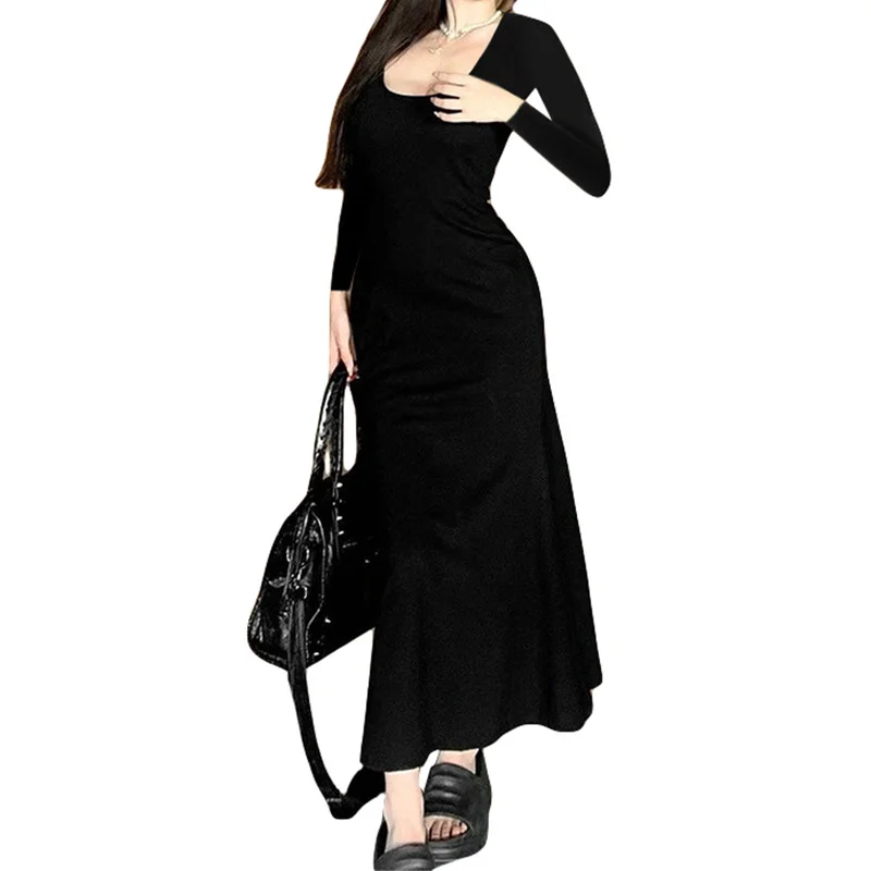 y2k Dresses Women Sexy Clothes Solid Color Butterfly Cutout Back Long Sleeve Bodycon Dress Club Dresses Streetwear