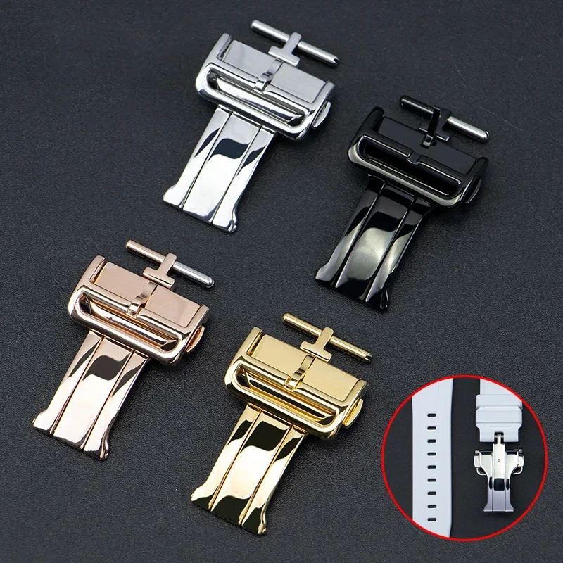 18mm 20mm Watch Strap Metal Folding Buckle Clasp Rebber Wristband Stainless Steel Buckle Automatic Deployment Watch Accessories