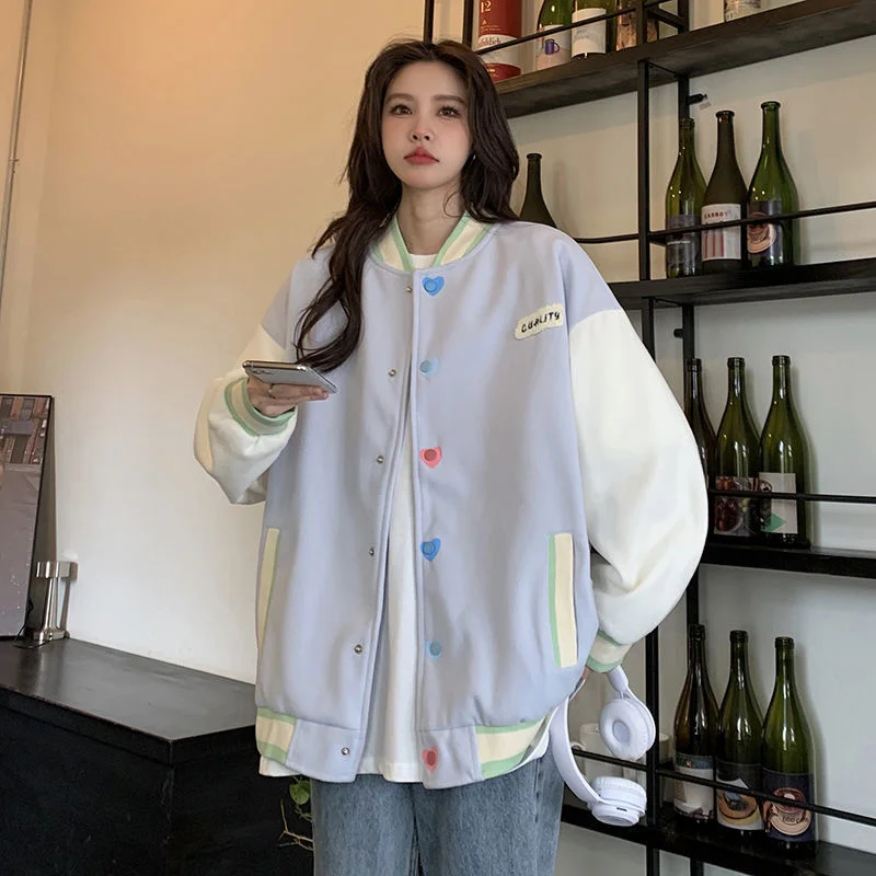 

2023 Spring New Baseball Jacket Women Sweet Candy Colorful Button Spliced Vintage American Fashion Ins Loose Round Neck Coat