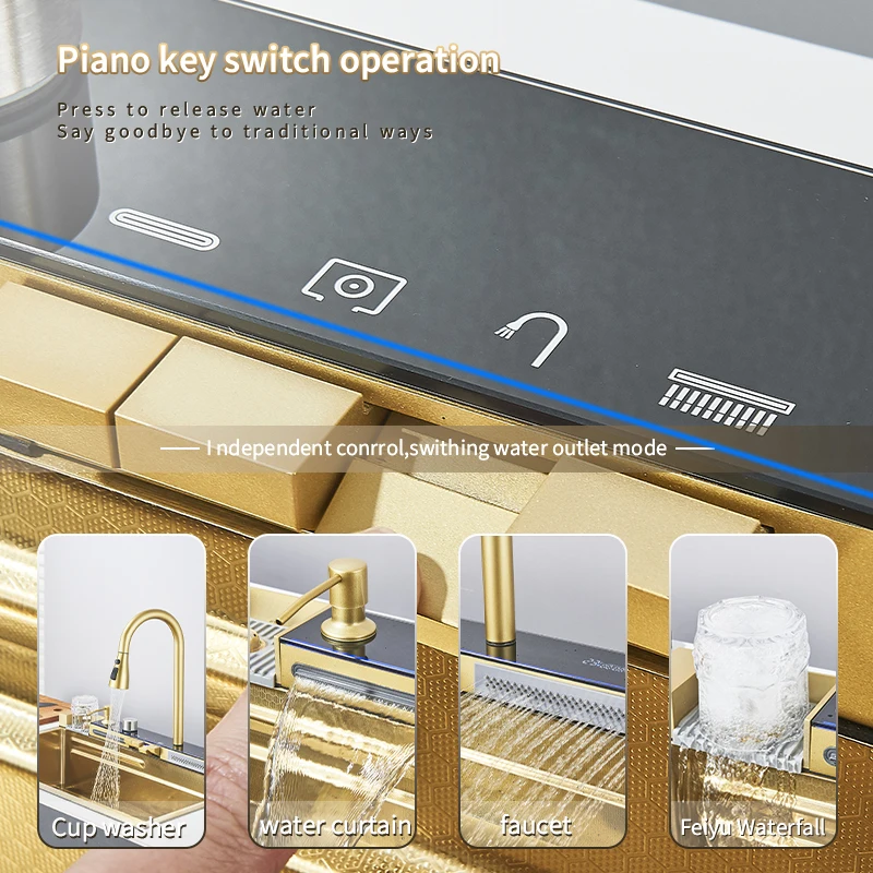 Golden Smart Digital Display Integrated Kitchen Sink Set Temperature Control Waterfall Water Purifier Soap Dispenser Cup Washer