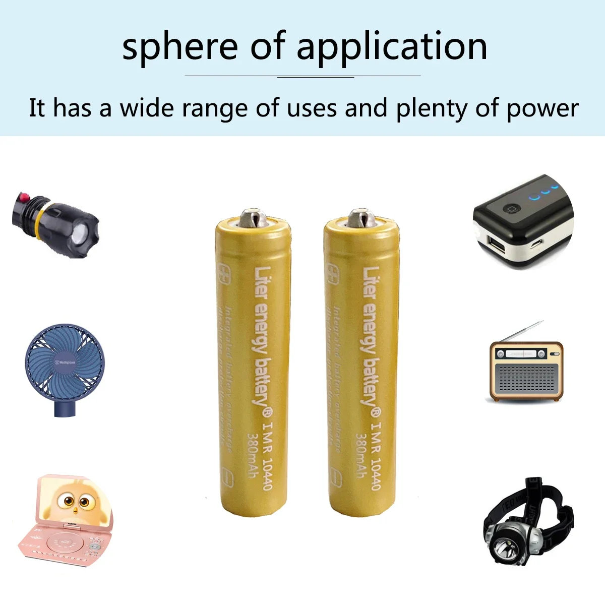 リチウムイオン電池3.7V,380mAh,充電式,高容量,LED懐中電灯用,10440