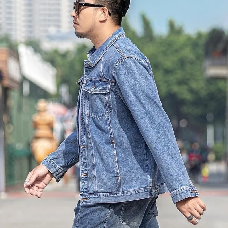 

Spring Autumn Men Denim Jackets Casual Solid Color Lapel Single Breasted Jeans Jacket Men Loose Cotton Outwear Jackets 8xl E346