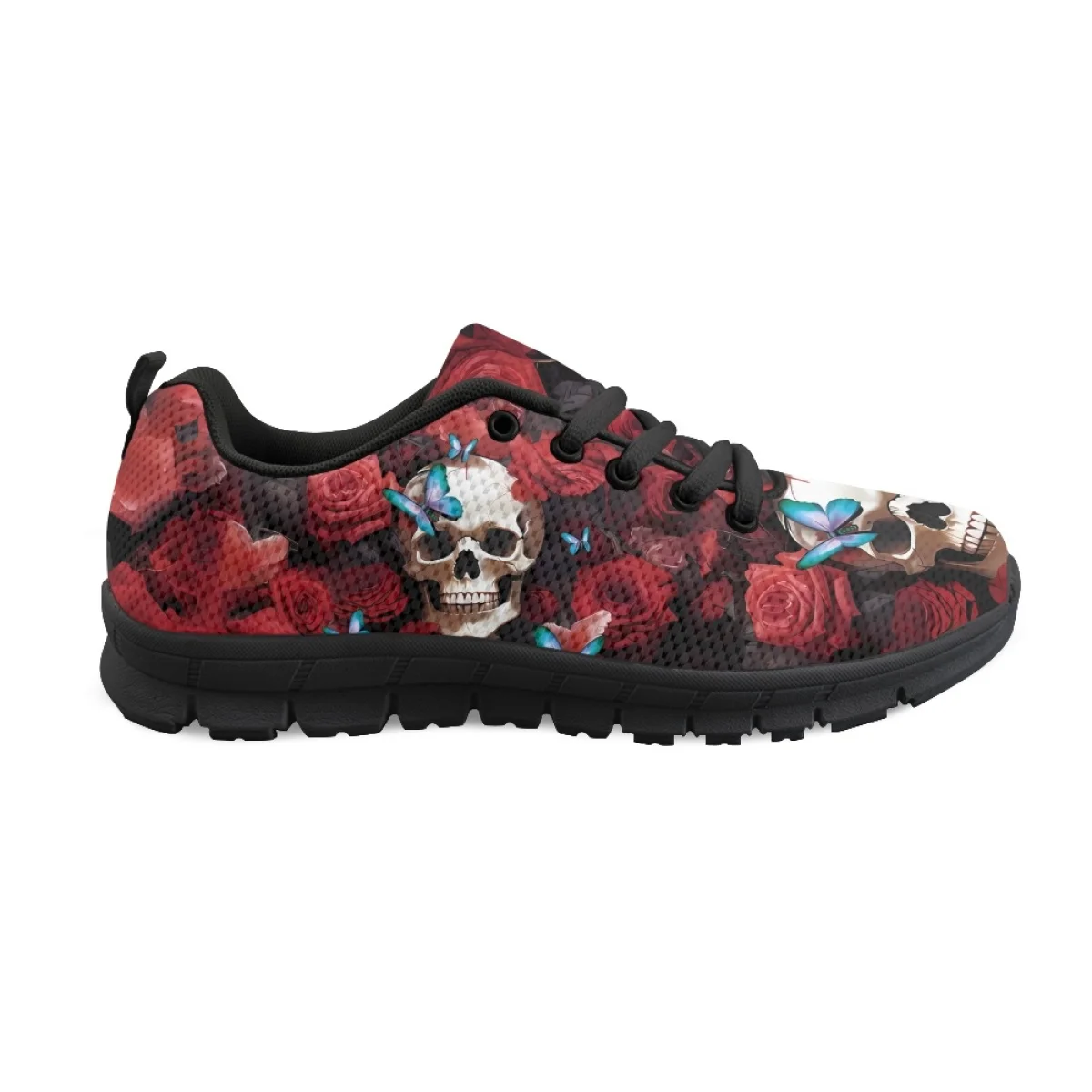 INSTANTARTS Pretty Red Flower Skull Gothic Design Casual Sneakers for Women Lightweight Walking Flats Non-Slip Vulcanized Shoes