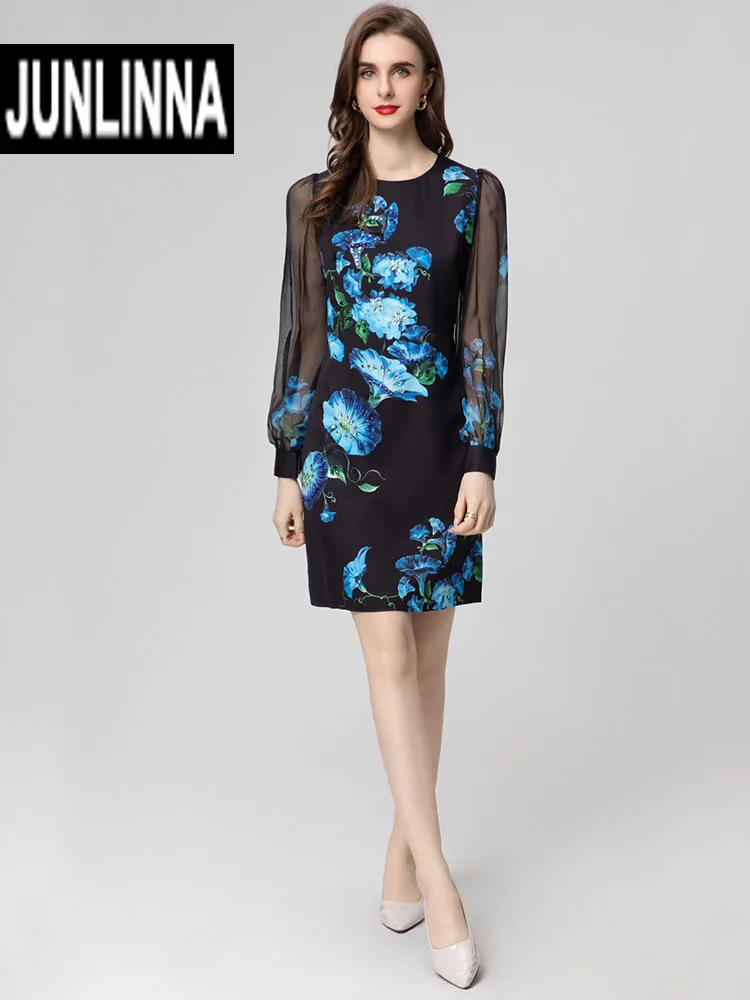 

JUNLINNA Spring Summer Fashion Elegant Dress Women O-Neck Long Sleeve Flower Printing and Beading Vestidos High Street