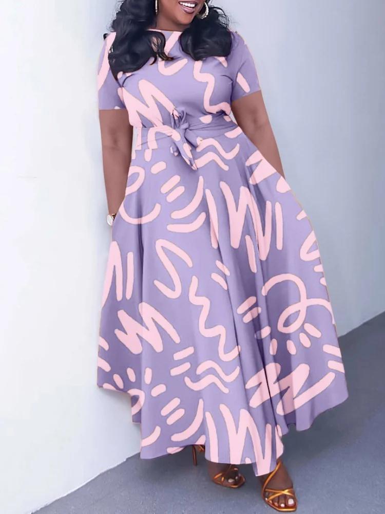 Wmstar Plus Size Dresses Wholesale Printed Short Sleeve High Waist Swing Temperament Trade New Summer Maxi Dress Drop Shopping