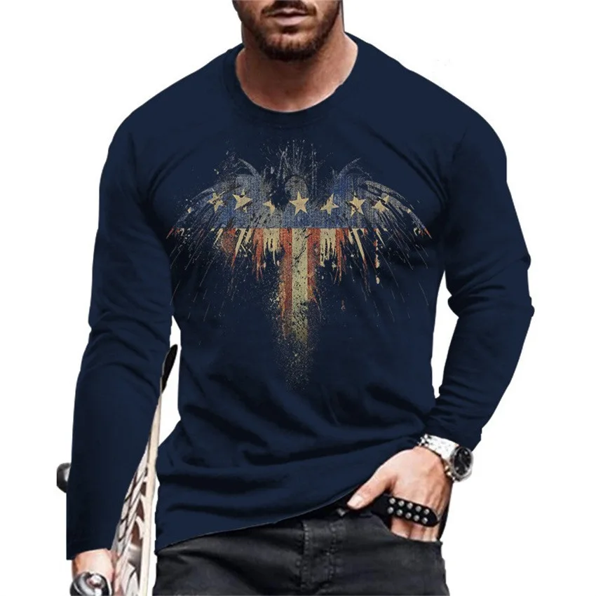 

2023 Spring And Autumn New Men's Long-sleeved Crew Neck 3d Printed American Flag Eagle T-shirt European And American Personality