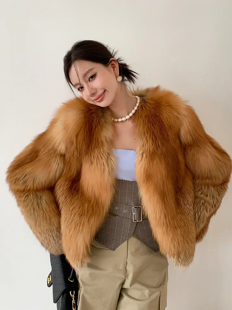 

V-neck Elegant Luxury Red Fox Fur Jacket for Women 2023 New High-end Vintage Fashion Short Warm Fluffy Winter Real Fur Coat