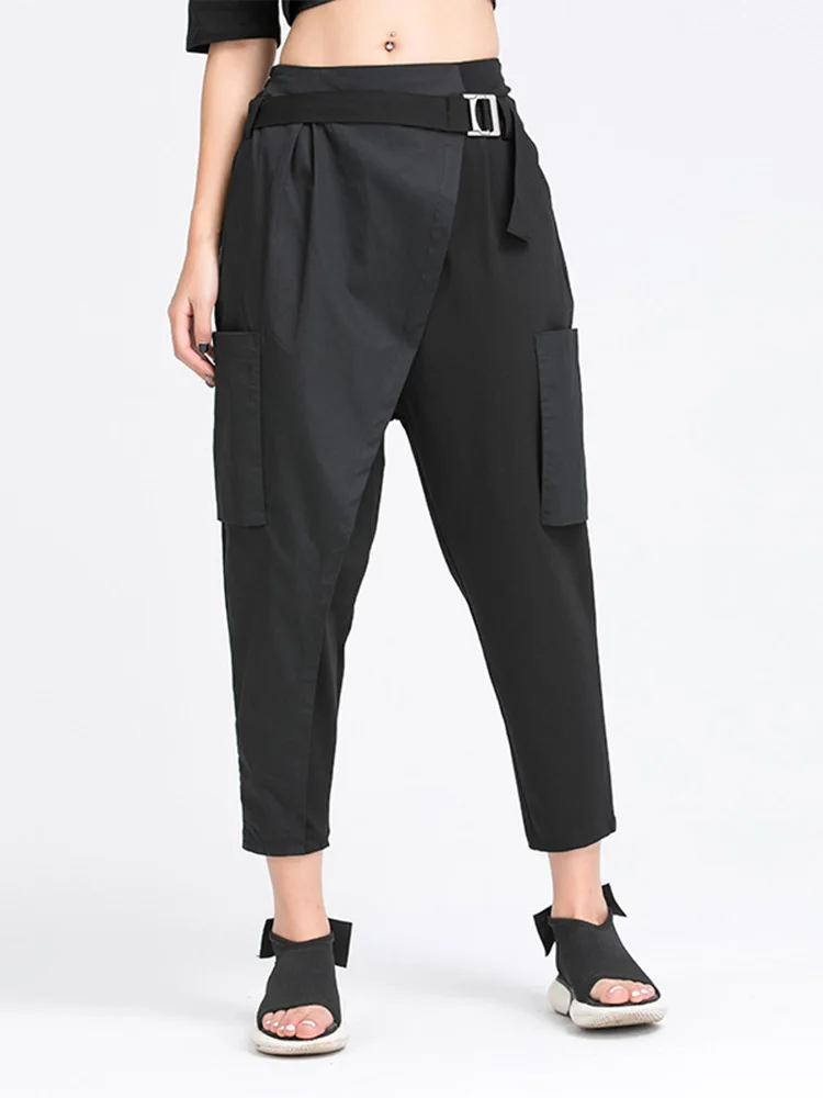 [EAM] High Elastic Waist Black Irregular Split Harem Trousers New Loose Fit Pants Women Fashion Tide Spring Summer 2026 1Y487