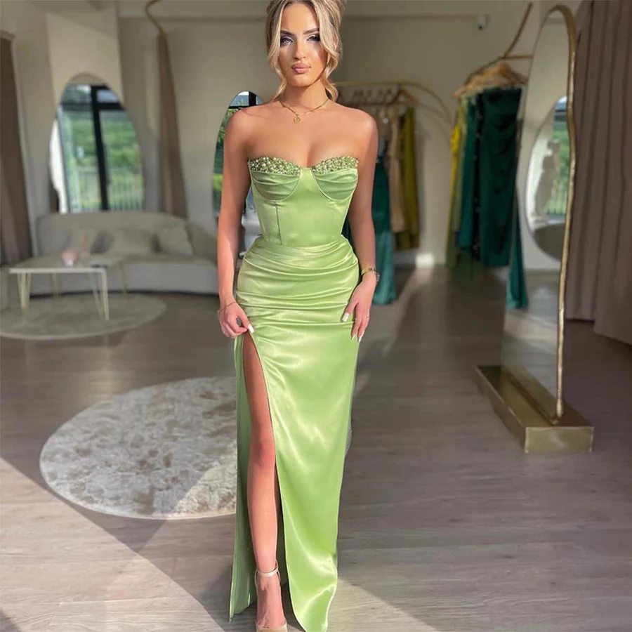 

Sweetheart With Beads Sleeveless Front Split Evening Dress Backless Zipper Custom Made Dresses For Prom فساتين للحفلات الراقصة