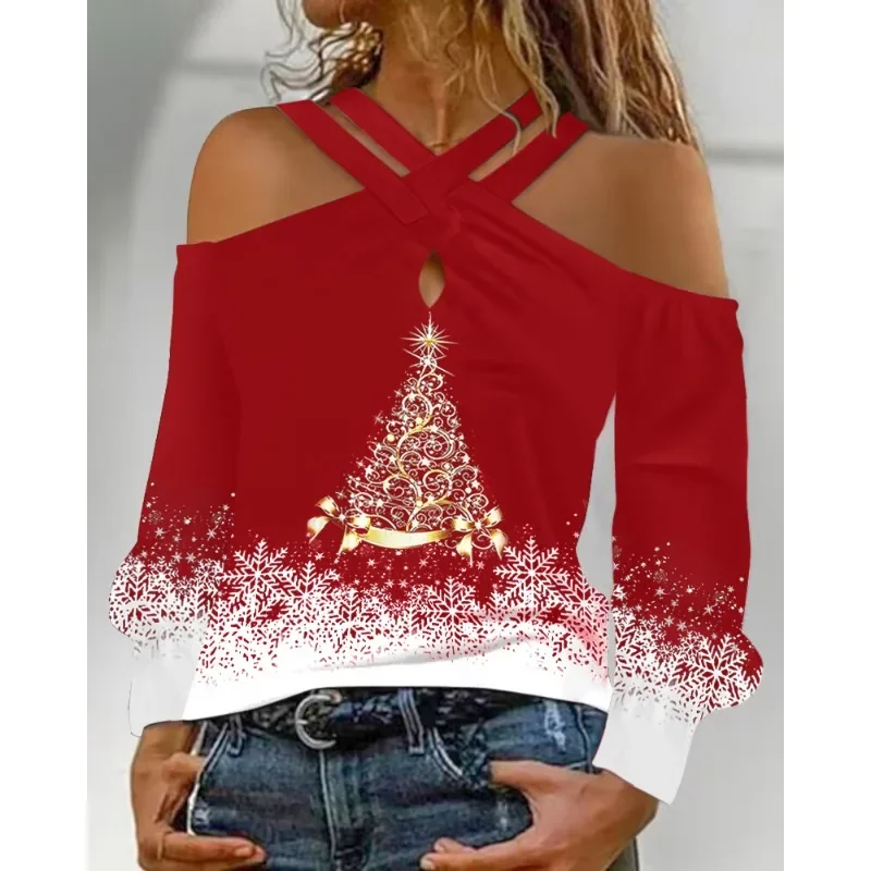 

Christmas Tree Print Colorblock Criss Cross Top Shirt Autumn Winter Women Elegant Long Sleeve Off Shoulder T-shirt Y2K Clothes