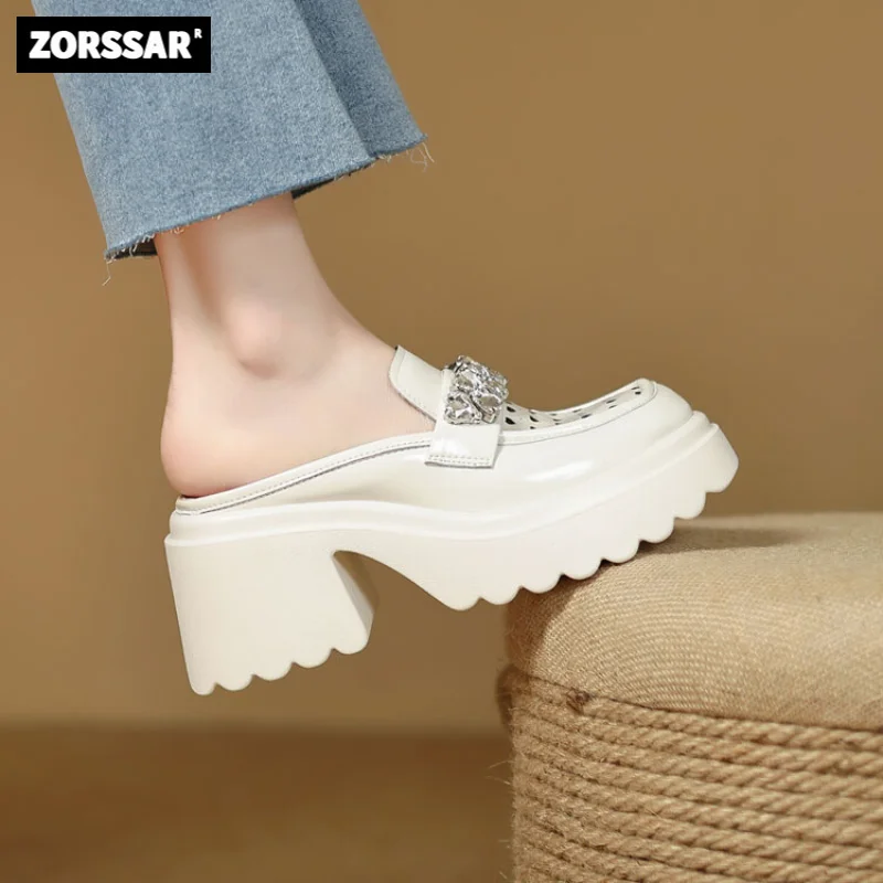 

Women Sandals Summer Mules shoes Breathable hollow Chunky Heels Slippers Cow Leather Thick bottom Pumps Woman Outdoors Slides