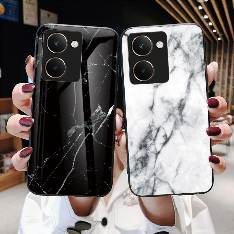 Marble Grain Tempered Glass Hard Back Cover with Silicone Bumper