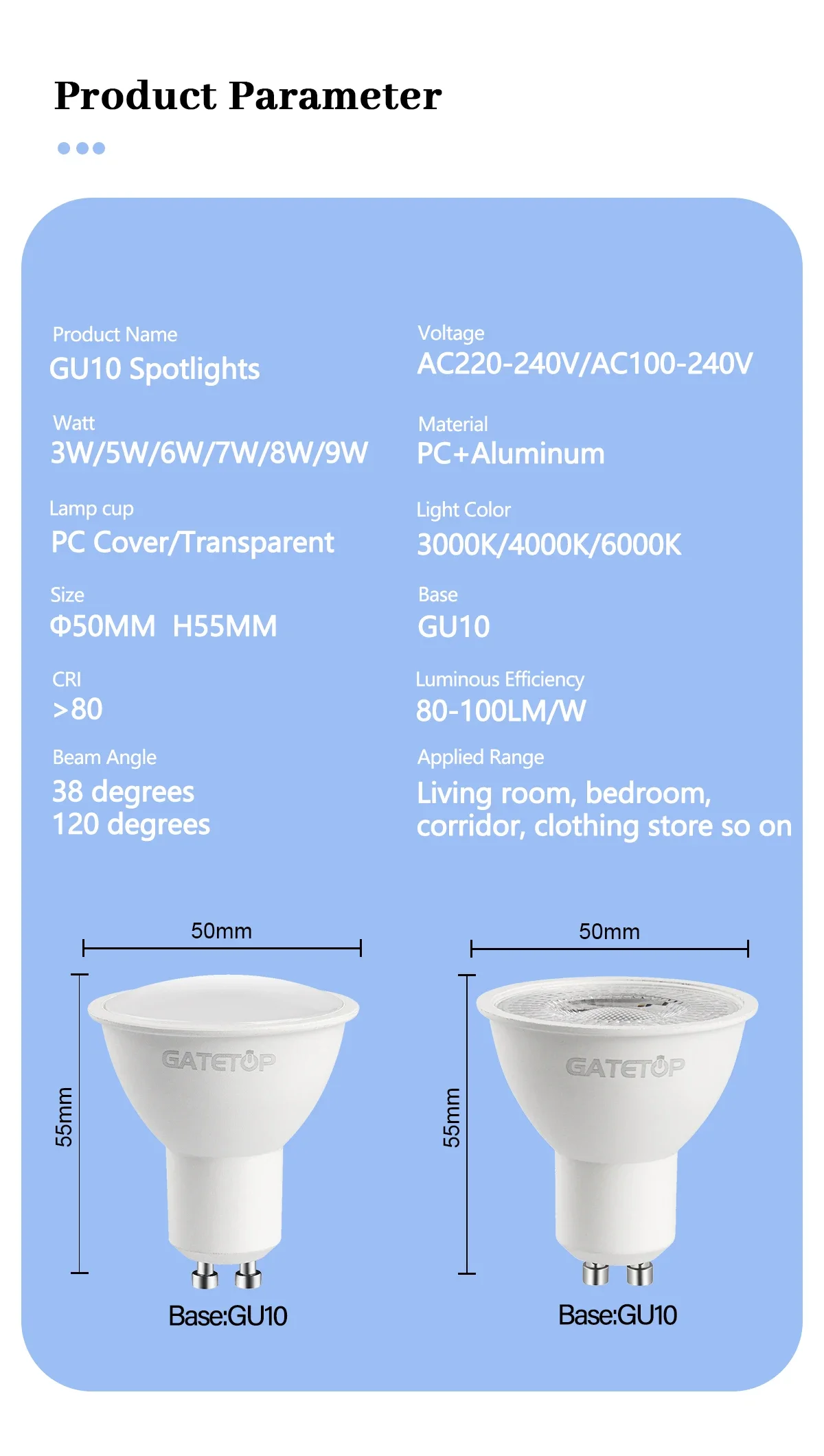 Description Picture 3 of item5pcs LED Spotlight GU10 Naturelight 5W 6W 7W 8W 9W LED Bulb GU10 AC220V 120V Replace 50w Halogen Lamp for Home Living Room