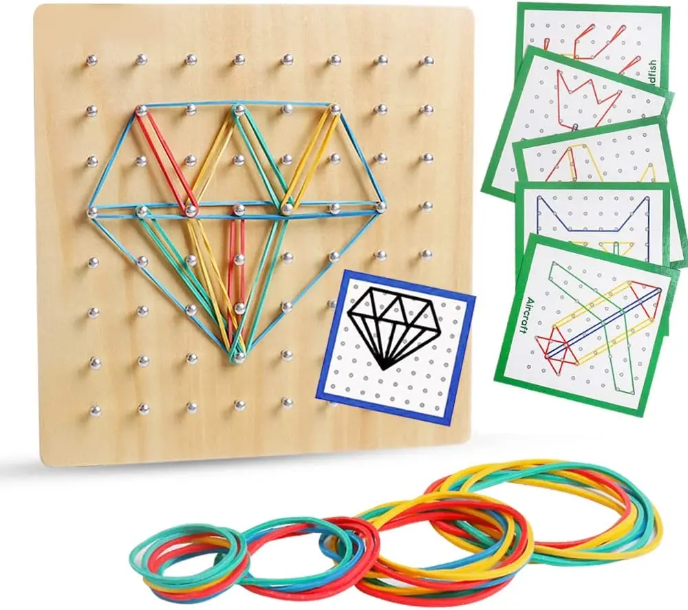 

Wooden Geoboard with Rubber Bands Graphical Math Pattern Blocks Geo Board Montessori Educational Toy for Kids Shape STEM Puzzle