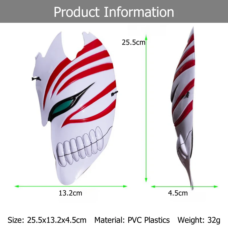 Anime Bleach Kurosaki Ichigo Cosplay Mask White Ichigo Hollow Half Face Masks Halloween Party Costume PVC Material