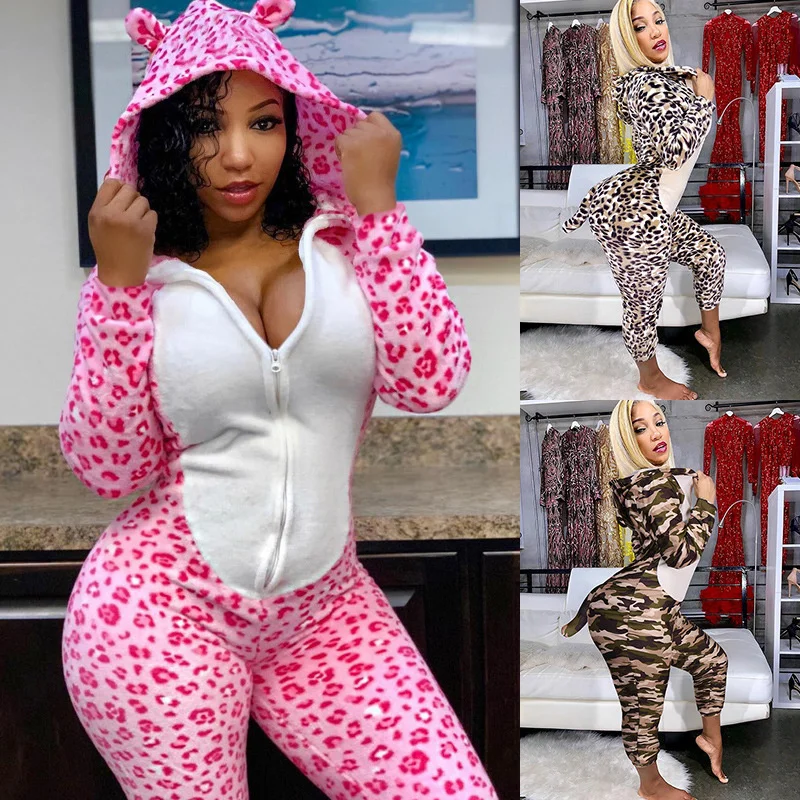 

2022 women's hooded tail role play leopard sexy Jumpsuit women