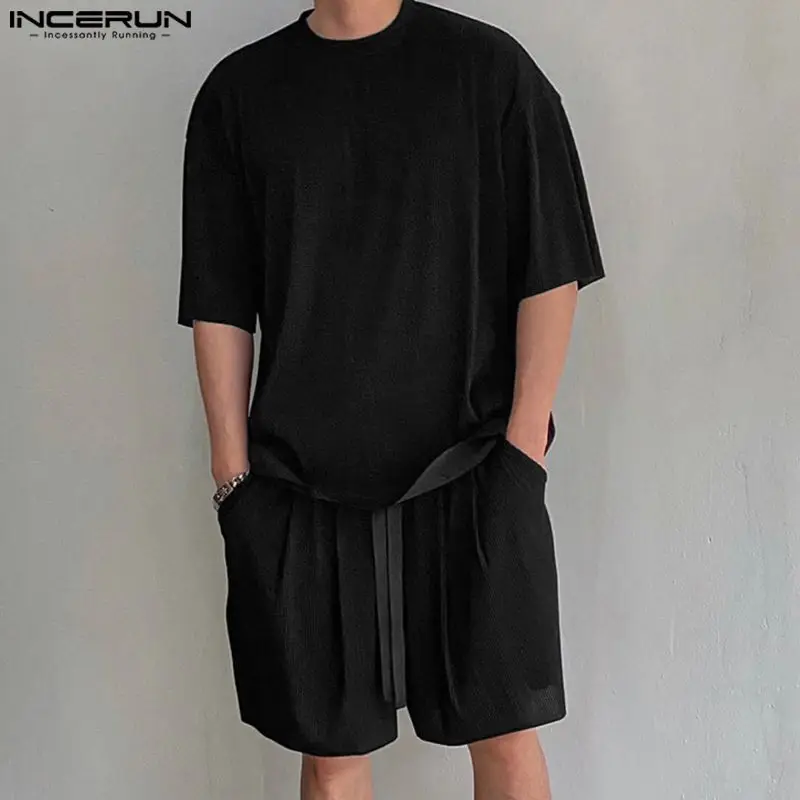 

2023 Men Sets Solid Pleated Streetwear O-neck Short Sleeve T Shirt & Drawstring Shorts 2PCS Loose Casual Men Suits S-5XL INCERUN