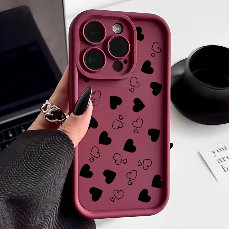 thumbnail image 1 of Funda de teléfono para iPhone 16 15 13 14 Pro Max 11 12 13 Mini 7 8 Plus XR X XS Max SE2022 Funda mate suave a prueba de golpes con estampado de corazón, 1 of 5