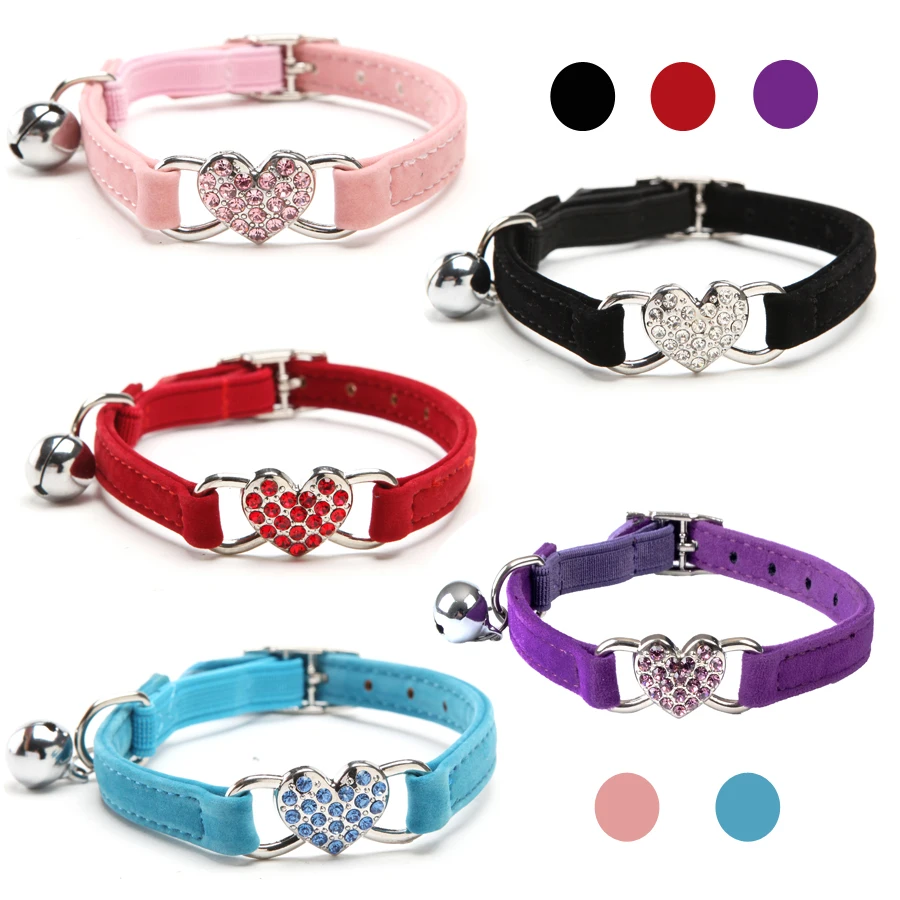 

Shiny Rhinestone Pet Collar Heart Shape Velvet Cat Collar with Bell Elastic Adjustable Puppy and Kitten Pet Accessories Supplies