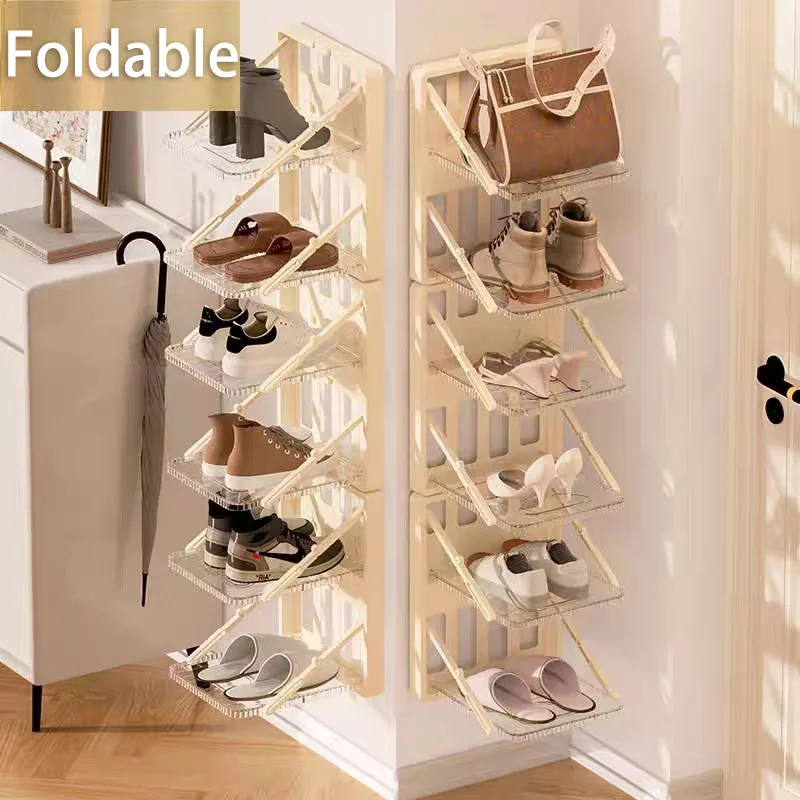 2 in 1 Foldable Bag Rack Stands Shoe Rack Living Room Behind Door Space Saving Hallway Wall Mounted Folding Shoe Cabinet Slit