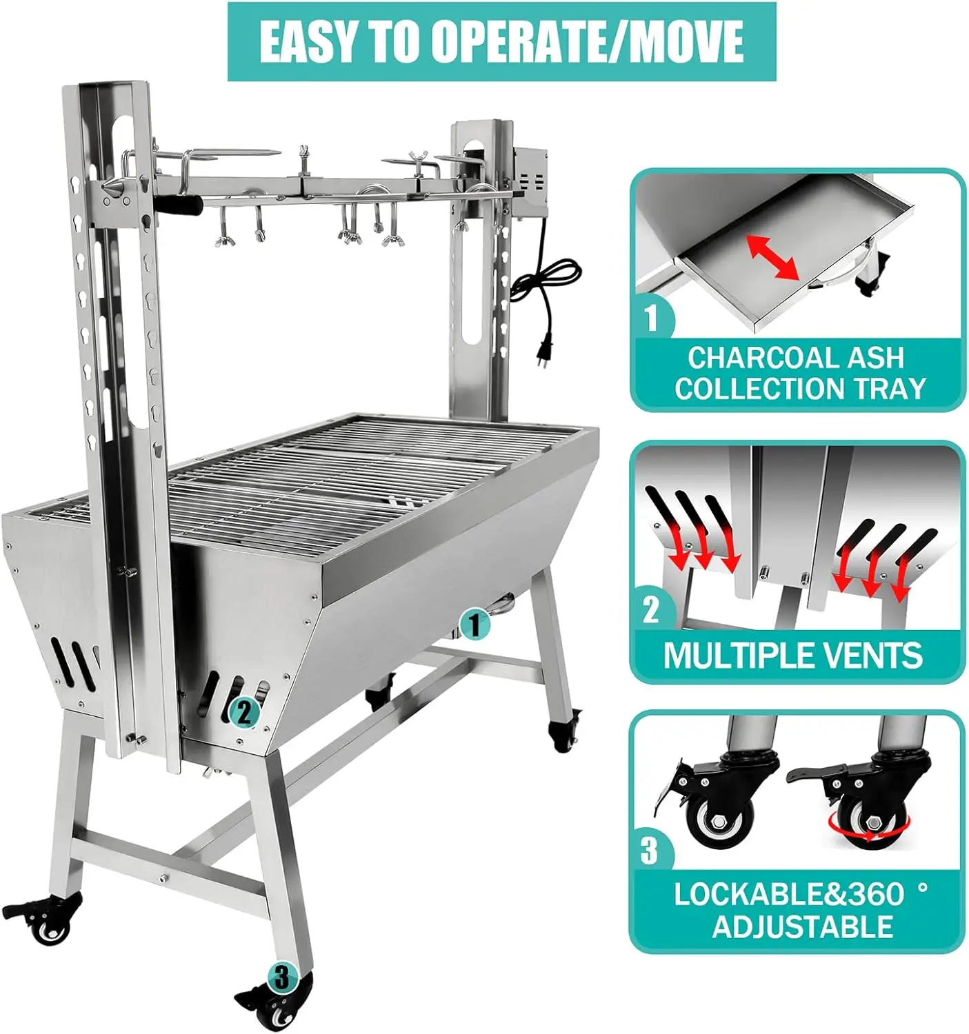 Steel Rotisserie Grill, 25W Motor Small Pig Lamb Rotisserie Roaster, 37'' 2 in 1 BBQ Charcoal Rotisserie Grill for Camping Outdo 5