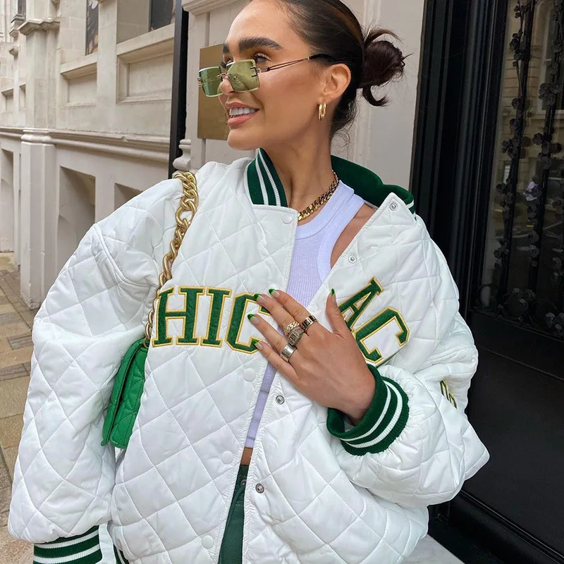 

Fashion Ladies Green Print Fashion Baseball Pilot Jacket Fall/Winter 2021 Oversized Splicing Jacket Women Casual White