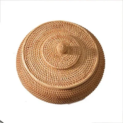 Round Rattan Boxes with Lid Hand-Woven Multi-Purpose Wicker Tray 11 Inch Picnic Food Bread Table Storage Basket WF Ring box Desk 6