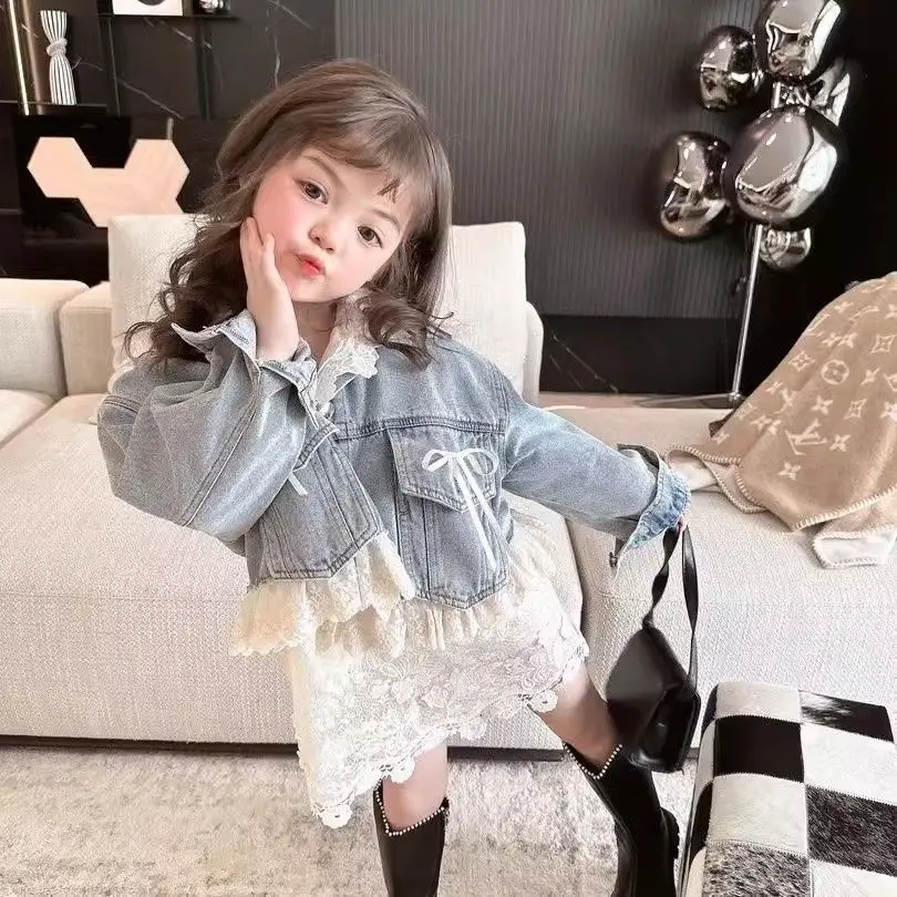 2025년 봄 가을 여아 데님 코트와 우아한 레이스 드레스 투피스 세트