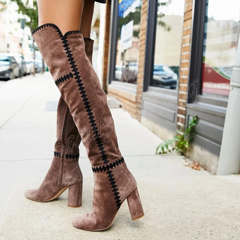 

Black Brown Suede Boots Side Zipper Knee High Chunky High Heel Pointed Toe Shoes for Women High Heel 2023 New Zapatillas Mujer